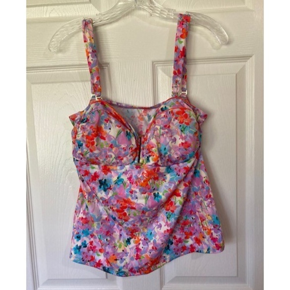 Liz Claiborne Tankini Swim Top 14 Multi Color Floral Removable Strap Padded